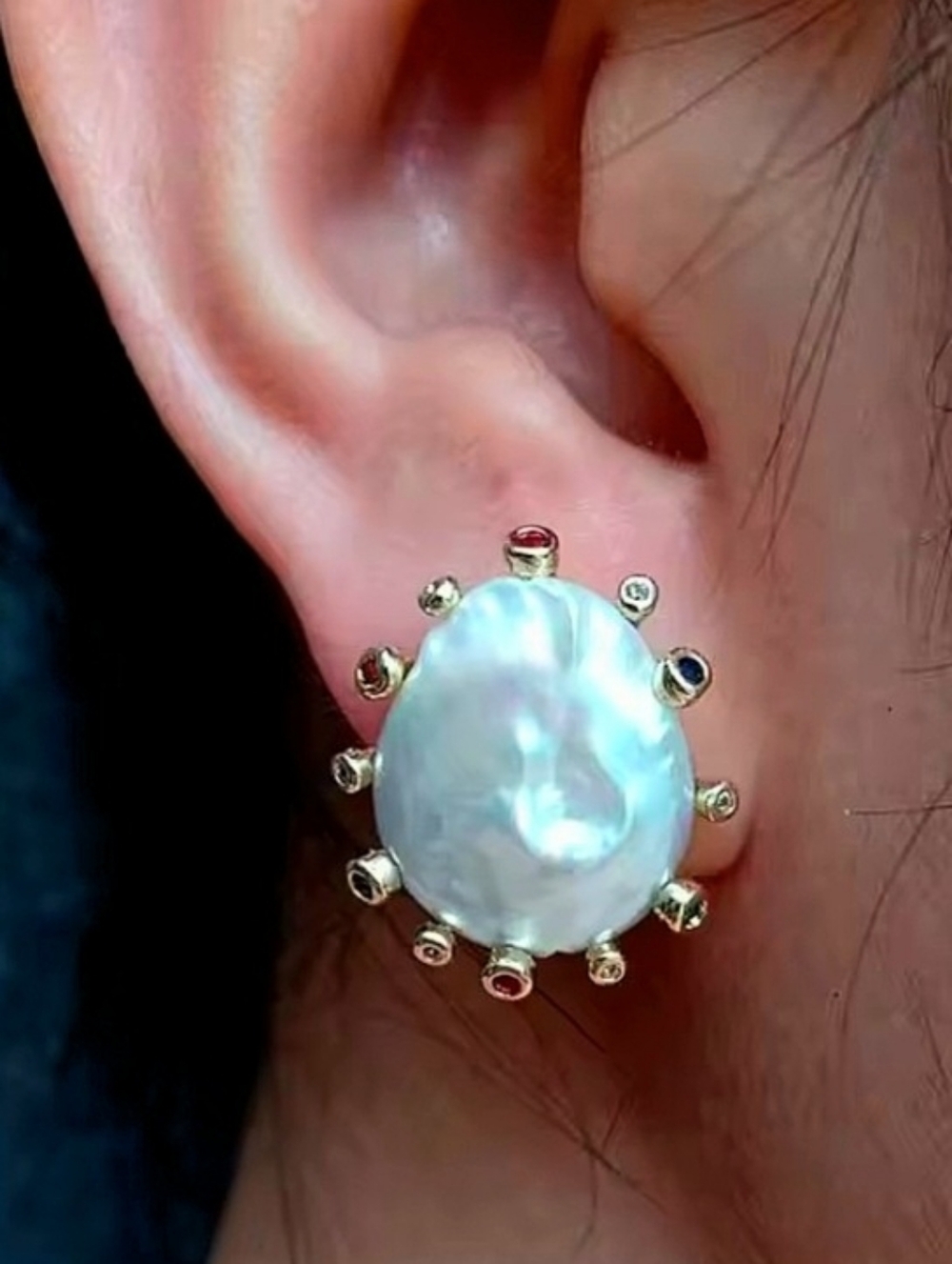 14X18 MM Baroque Pearl Stud Earrings with Multicolor Gem Accents
